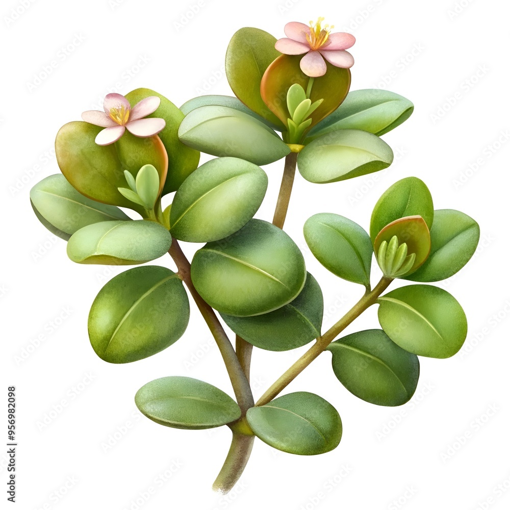 Obraz premium A delicate 3D illustration of purslane with vibrant green leaves and pink flowers.