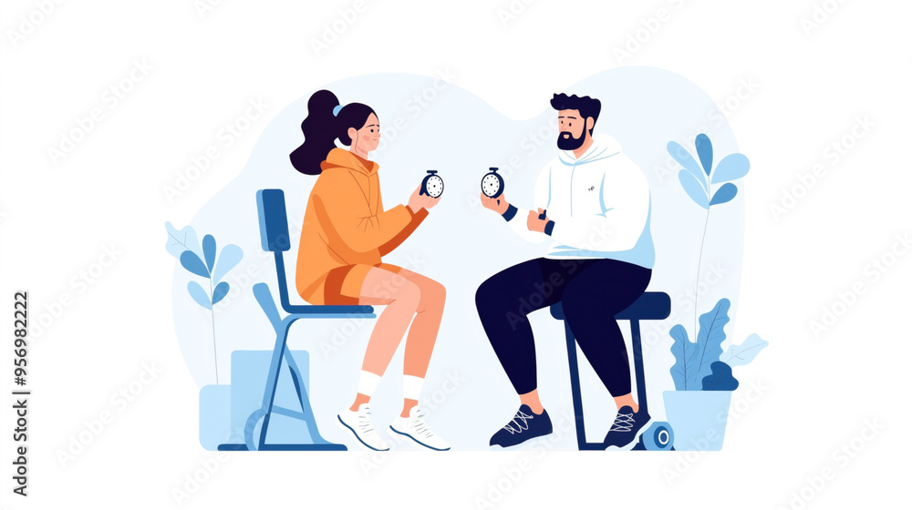 Illustration of a woman and a man sitting on chairs, each holding a timer. They appear to be in a discussion or coaching session in a minimalistic background with plants. Illustration of a woman and a man sitting on chairs, each holding a timer. They appear to be in a discussion or coaching session in a minimalistic background with plants.