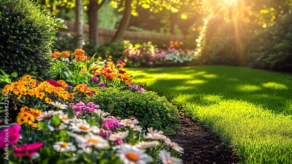 Lush green lawn with vibrant flower bed and golden sunlight. Lush green lawn with vibrant flower bed and golden sunlight.