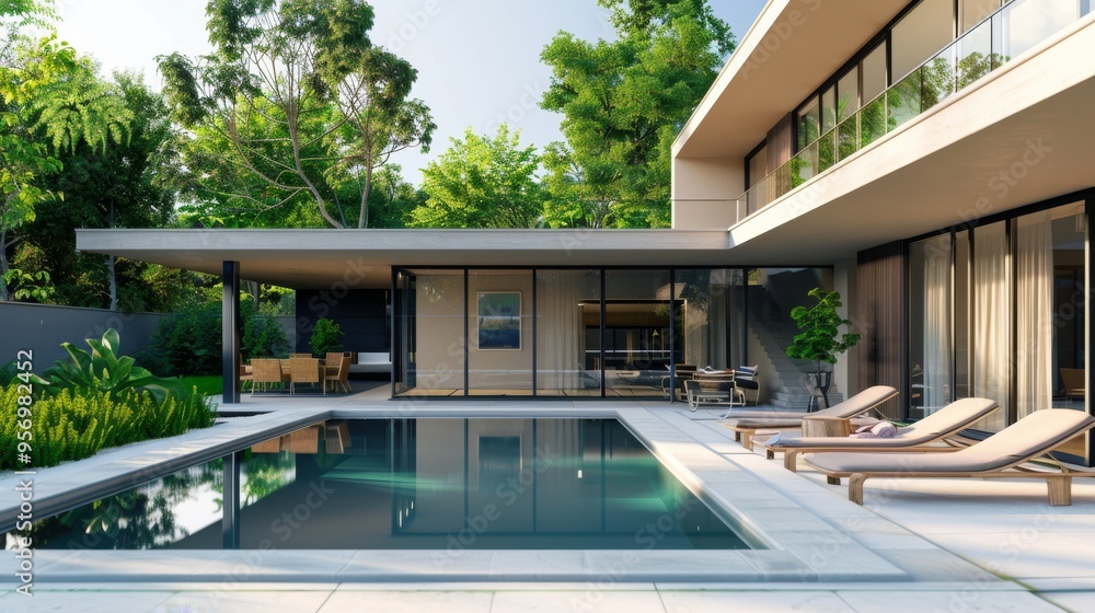 Fototapeta premium A luxurious, modern poolside scene featuring a sleek infinity pool, sun loungers, and lush greenery, epitomizing relaxation and elegance.