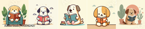 vector set of dogs reading a book