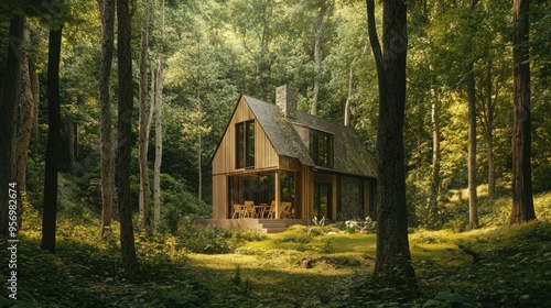 Wooden cottage enveloped by trees in a serene forest, its presence blending naturally into the tranquil surroundings.