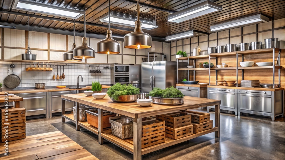 Modern commercial kitchen with stainless steel appliances, wooden crates, and rustic decorations, conveying a warm and inviting atmosphere for a successful restaurant business. Modern commercial kitchen with stainless steel appliances, wooden crates, and rustic decorations, conveying a warm and inviting atmosphere for a successful restaurant business.