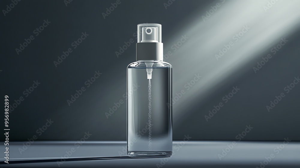 Clear Glass Spray Bottle with White Cap on a Gray Surface Clear Glass Spray Bottle with White Cap on a Gray Surface