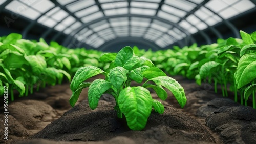 Organic greenhouse using biodynamic methods, thriving plants, 3D illustration photo