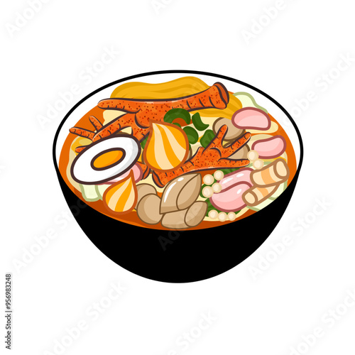 Seblak food logo design with various toppings. Illustration of a bowl and food stall suitable for restaurants photo