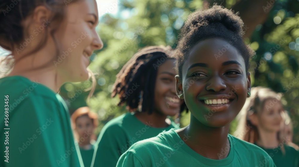 Youthful participants in green shirts enjoy a sunny day in a lush outdoor area, sharing smiles and camaraderie. Youthful participants in green shirts enjoy a sunny day in a lush outdoor area, sharing smiles and camaraderie.