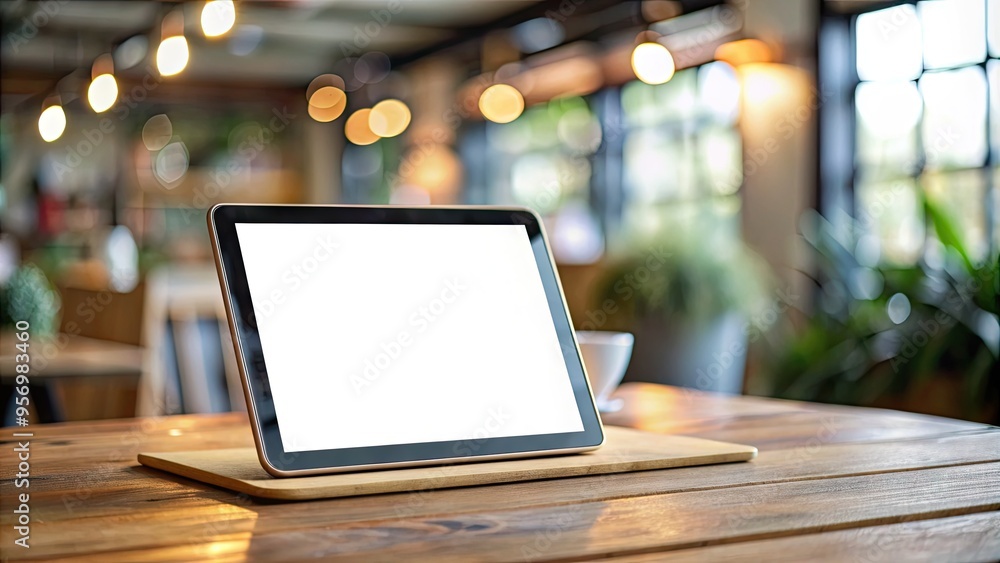 Modern digital tablet with blank screen and mock-up template on a wooden desk against a blurred background, ideal for showcasing apps, magazines, or e-books. Modern digital tablet with blank screen and mock-up template on a wooden desk against a blurred background, ideal for showcasing apps, magazines, or e-books.