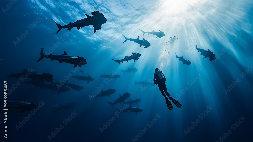 Obraz premium Diver Encounters a School of Hammerhead Sharks in the Ocean