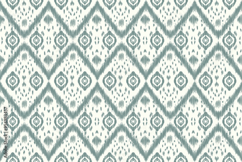 Simple ikat ogee vector seamless pattern geometric. Abstract ornamental texture with flower silhouettes. Elegant green and white background design