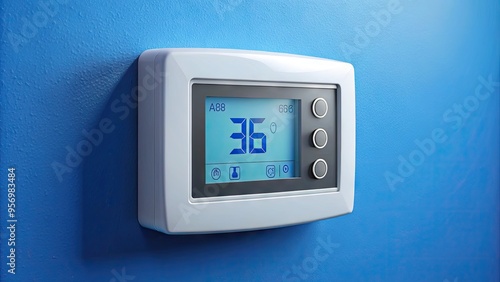 Modern digital thermostat displays a refreshing cool temperature reading, with a calm blue background and sleek design, conveying comfort and relaxation on a warm day.