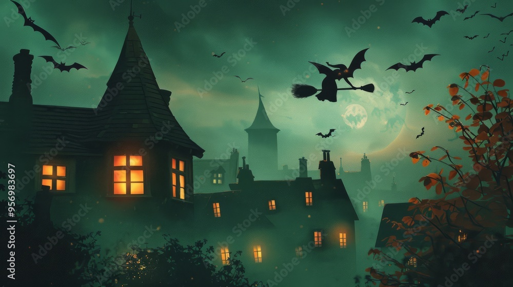 An eerie illustration of a witch soaring over a fog-draped, bat-infested village under a glowing full moon, bathed in mysterious green light. An eerie illustration of a witch soaring over a fog-draped, bat-infested village under a glowing full moon, bathed in mysterious green light.