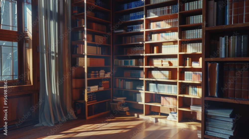 A cozy, sunlit library with wooden shelves filled with books invites readers to explore and enjoy a tranquil ambiance. A cozy, sunlit library with wooden shelves filled with books invites readers to explore and enjoy a tranquil ambiance.