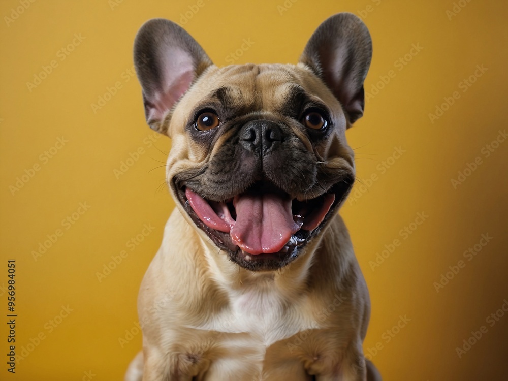 Happy French Bulldog sitting on a yellow background, tongue out, eagerly awaiting a treat. Happy French Bulldog sitting on a yellow background, tongue out, eagerly awaiting a treat.