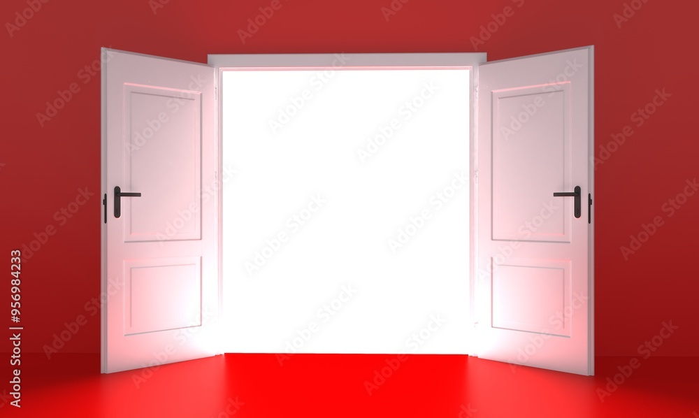 Open the door. Symbol of new career, opportunities, business ventures and initiative. Business concept. White light inside open door isolated on red background. Modern minimal concept. Open the door. Symbol of new career, opportunities, business ventures and initiative. Business concept. White light inside open door isolated on red background. Modern minimal concept.