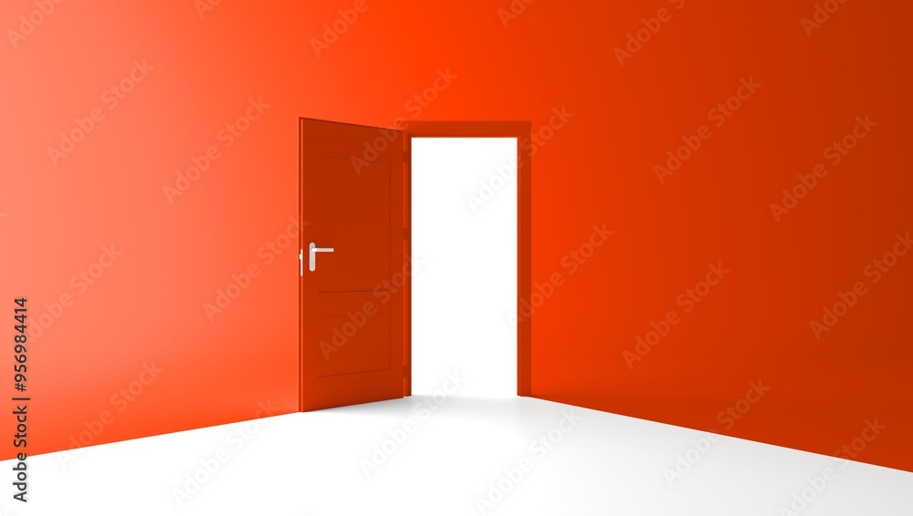 Open the door. Symbol of new career, opportunities, business ventures and initiative. Business concept. White light inside open door isolated on orange background. Modern minimal concept. Open the door. Symbol of new career, opportunities, business ventures and initiative. Business concept. White light inside open door isolated on orange background. Modern minimal concept.