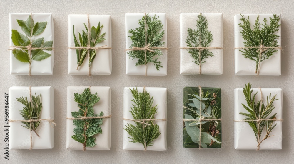 A collection of eco-friendly gift boxes wrapped in white paper and decorated with various green leaves, showcasing sustainable gift wrapping.