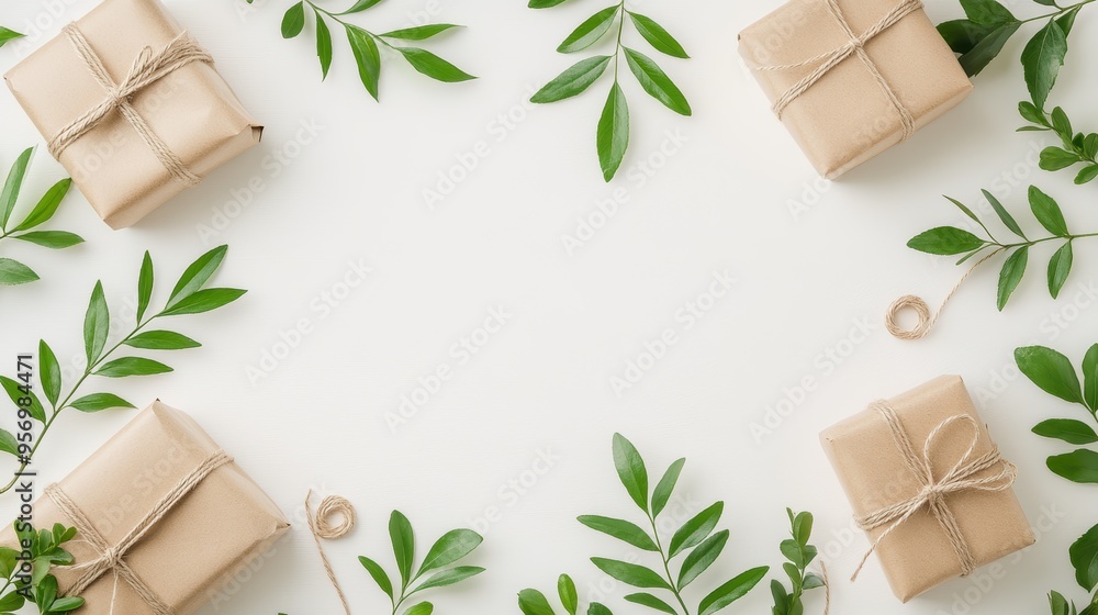 Eco-friendly gift wrapping, featuring brown paper, twine, and sprigs of greenery. The gifts are arranged on a light surface, with soft natural lighting enhancing the minimalist, sustainable vibe Eco-friendly gift wrapping, featuring brown paper, twine, and sprigs of greenery. The gifts are arranged on a light surface, with soft natural lighting enhancing the minimalist, sustainable vibe