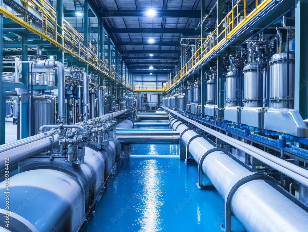 Fototapeta premium High tech factory featuring advanced water recycling systems and AI technology. clean, modern environment showcases industrial efficiency and innovation.
