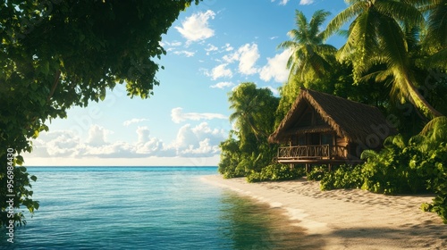 A serene tropical beach scene featuring a charming hut surrounded by lush palm trees and a calm ocean under a clear sky.