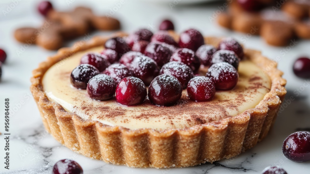 A festive holiday tart topped with gingerbread cookies, cherries, and powdered sugar, arranged with holiday decorations in the background. A festive holiday tart topped with gingerbread cookies, cherries, and powdered sugar, arranged with holiday decorations in the background.
