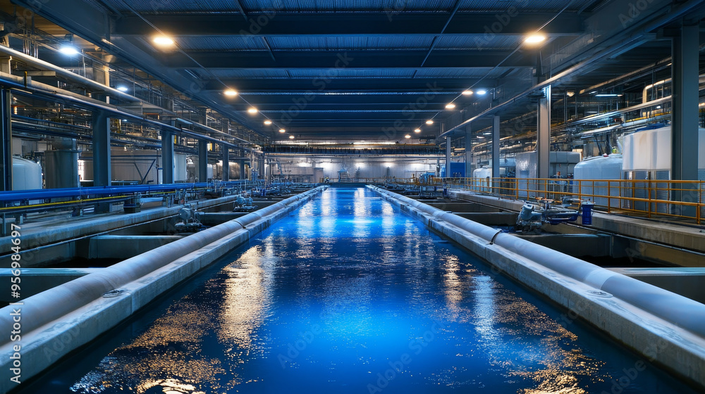 A large scale industrial water treatment plant featuring illuminated water channels and advanced technology. serene blue water reflects modern infrastructure. A large scale industrial water treatment plant featuring illuminated water channels and advanced technology. serene blue water reflects modern infrastructure.