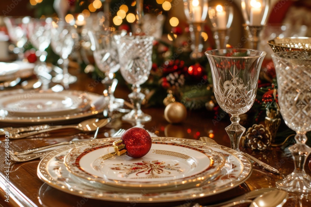 A Christmas festive table set in traditional red colors features vintage plates and classic decorations, creating a warm and inviting atmosphere for a holiday celebration A Christmas festive table set in traditional red colors features vintage plates and classic decorations, creating a warm and inviting atmosphere for a holiday celebration