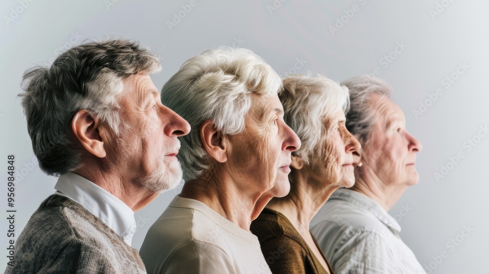 Four elderly individuals in profile, showcasing a serene and thoughtful demeanor against a light background. Four elderly individuals in profile, showcasing a serene and thoughtful demeanor against a light background.