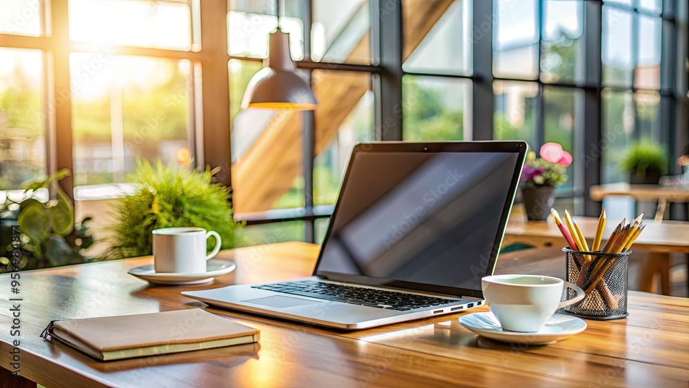custom made wallpaper toronto digitalModern laptop computer on a wooden desk with a blurred background, surrounded by coffee cup and miscellaneous office supplies, showcasing flexible work arrangement.