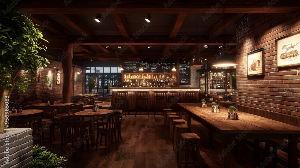 A cozy pub with wooden tables and 3D-rendered craft beer flights paired with gourmet lamb chops A cozy pub with wooden tables and 3D-rendered craft beer flights paired with gourmet lamb chops