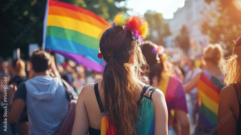 A colorful pride event with LGBTQ community members marching with rainbow flags and celebrating diversity. A colorful pride event with LGBTQ community members marching with rainbow flags and celebrating diversity.