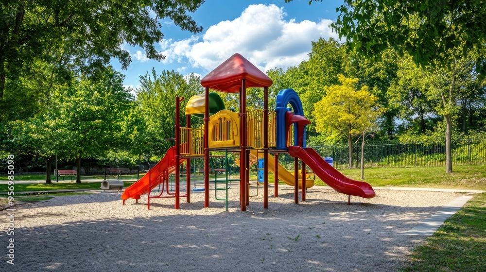 A colorful and engaging playground set in a park, ready for children to play and explore.