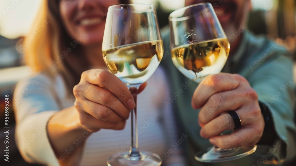 Close-up of two people holding wine glasses, capturing a moment of shared celebration and connection. Close-up of two people holding wine glasses, capturing a moment of shared celebration and connection.