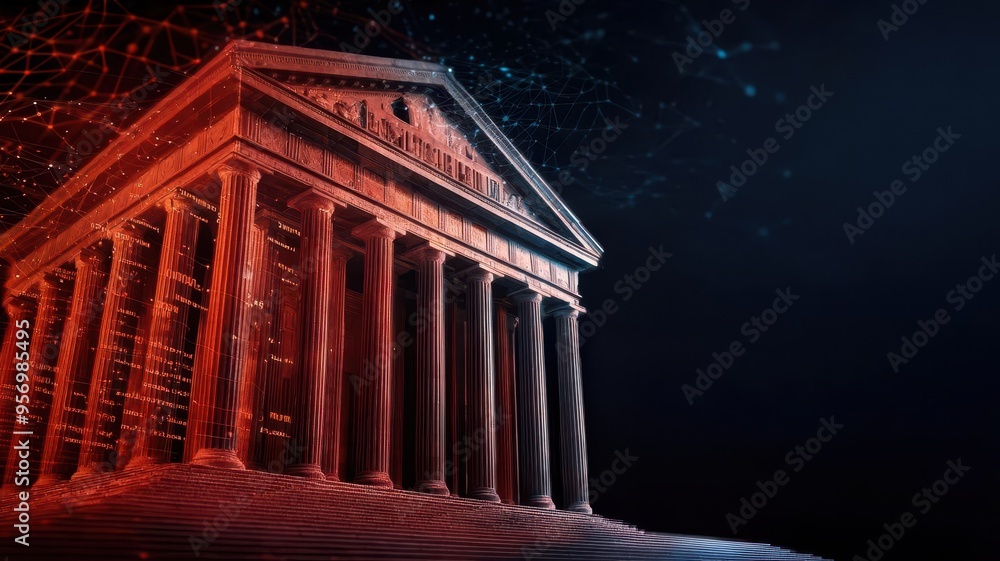 Obraz premium A striking architectural monument illuminated against a dark background, highlighting classic columns and intricate details.