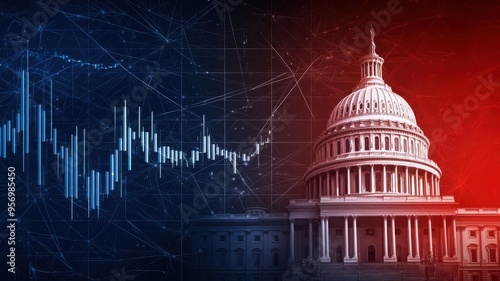 A dynamic blend of finance and government, showcasing the Capitol building with a rising stock market chart in a modern style.