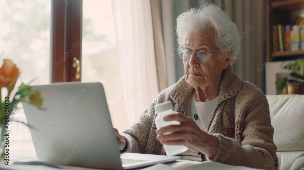 Fototapeta premium An elderly woman in a cozy room thoughtfully reads a medication bottle label while seated in front of a laptop, embodying diligence and care.