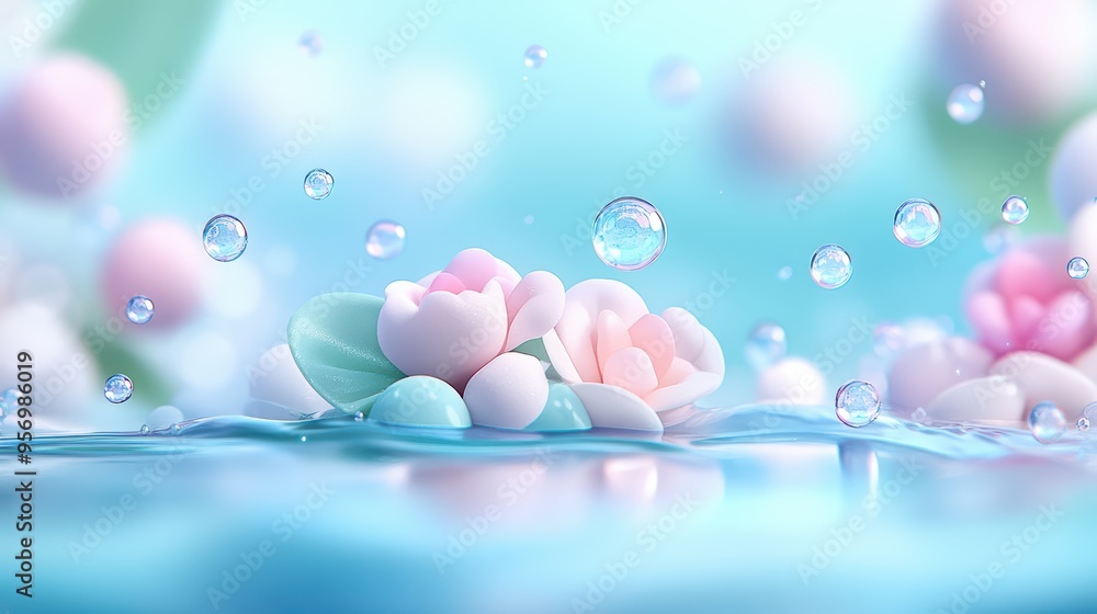 A serene scene featuring delicate flowers floating on serene water with glistening droplets, creating a calming atmosphere. A serene scene featuring delicate flowers floating on serene water with glistening droplets, creating a calming atmosphere.