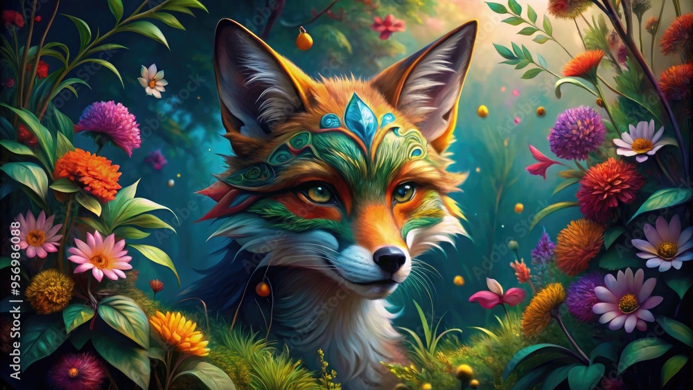 Fototapeta premium A whimsical illustration of a curious fox wearing a vibrant Venetian mask, surrounded by lush greenery and flowers, evoking a sense of mystique and wonder.