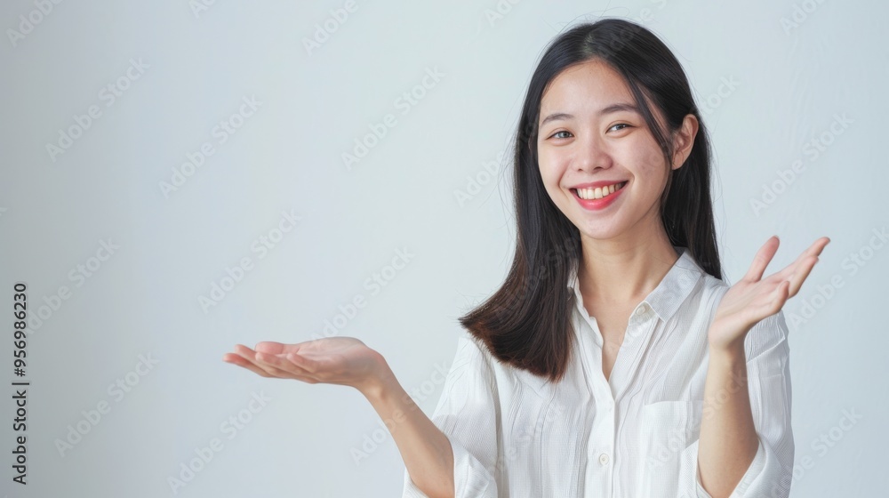 A young woman with medium-length hair cheerfully presents with both hands open, suggesting welcoming and positive communication in a casual setting. A young woman with medium-length hair cheerfully presents with both hands open, suggesting welcoming and positive communication in a casual setting.