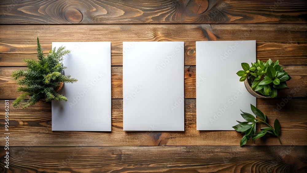 Three blank white cards on a rustic wooden table with greenery on either side. Three blank white cards on a rustic wooden table with greenery on either side.
