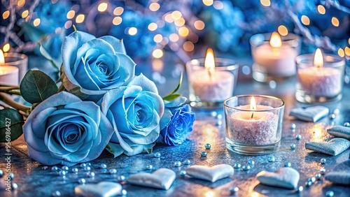 Soft focus blue roses and candles on a velvet tablecloth, adorned with sparkling hearts and delicate lace, evoke a romantic and intimate Valentine's ambiance.