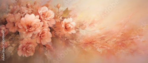 A romantic oil painting background with a focus on soft, peachy hues and intricate floral patterns. 