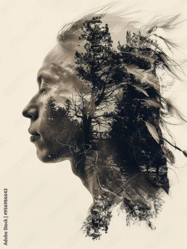 Fototapeta premium white background, double exposure of a native american shaman, head profile, filled with the plains and sky of arizona, with generative ai