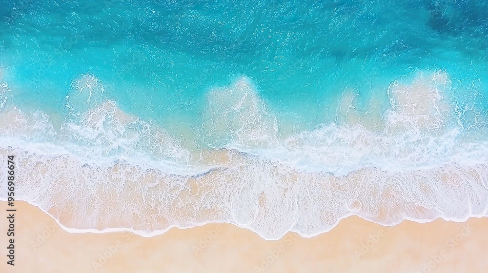 Obraz premium Aerial top down view of beach and sea with blue water waves