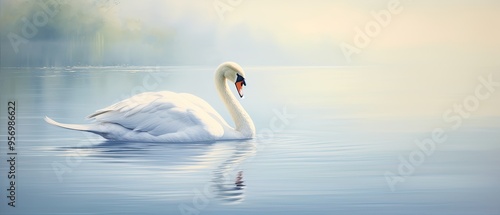 Fototapeta Naklejka Na Ścianę i Meble -  An elegant oil painting background featuring a graceful swan gliding on a calm lake. 