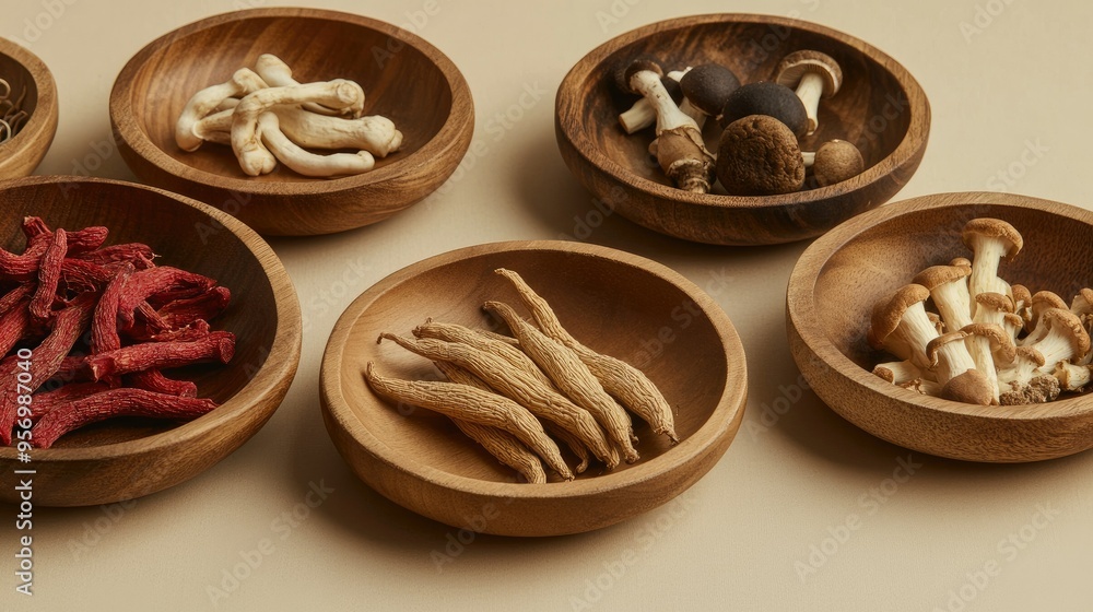 Wooden dishes with ginseng roots, Ganoderma mushrooms, and red ginseng displayed against a beige background, Wooden dishes with ginseng roots, Ganoderma mushrooms, and red ginseng displayed against a beige background,