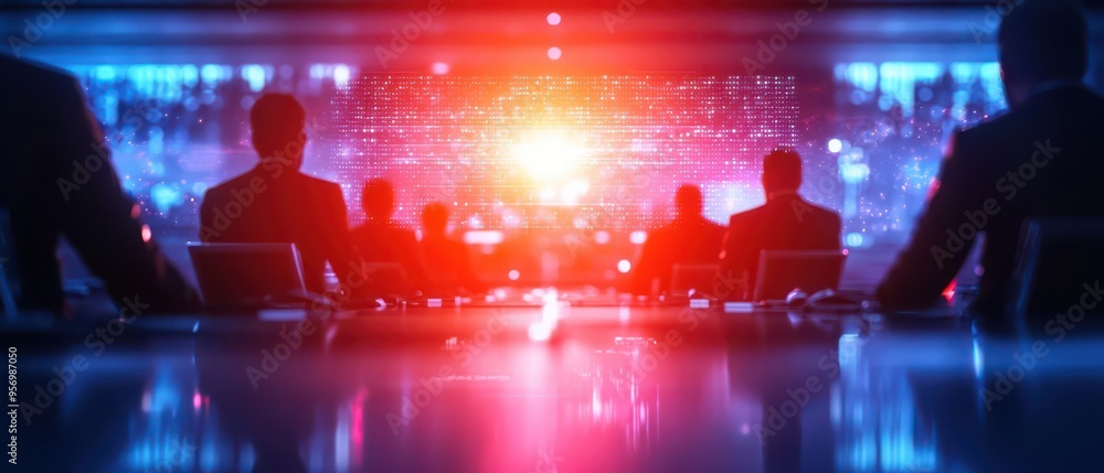 Conference scene depicting silhouettes of executives against vibrant blue and red lights, suggesting intensity and focus. Conference scene depicting silhouettes of executives against vibrant blue and red lights, suggesting intensity and focus.