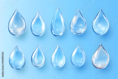 Realistic water droplets vector style set isolated on blue background 