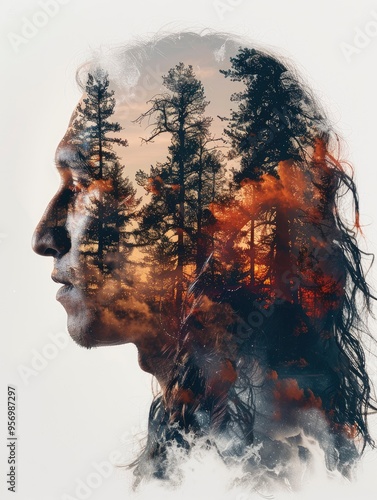 white background, double exposure of a native american shaman, head profile, filled with the plains and sky of arizona, with generative ai photo