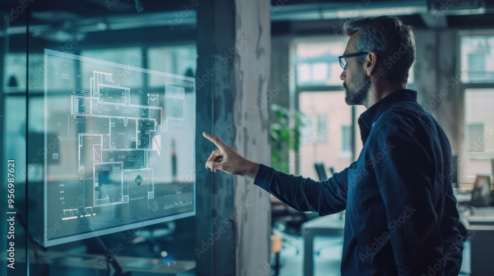 A focused man interacts with a futuristic, transparent digital display, analyzing architectural blueprints in a modern, industrial-style office. A focused man interacts with a futuristic, transparent digital display, analyzing architectural blueprints in a modern, industrial-style office.